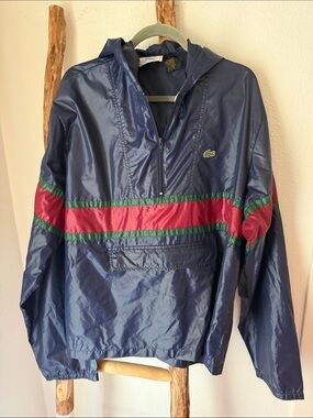 Lacoste Izod Navy Lightweight Hooded Windbreaker Red and Green Stripes XL